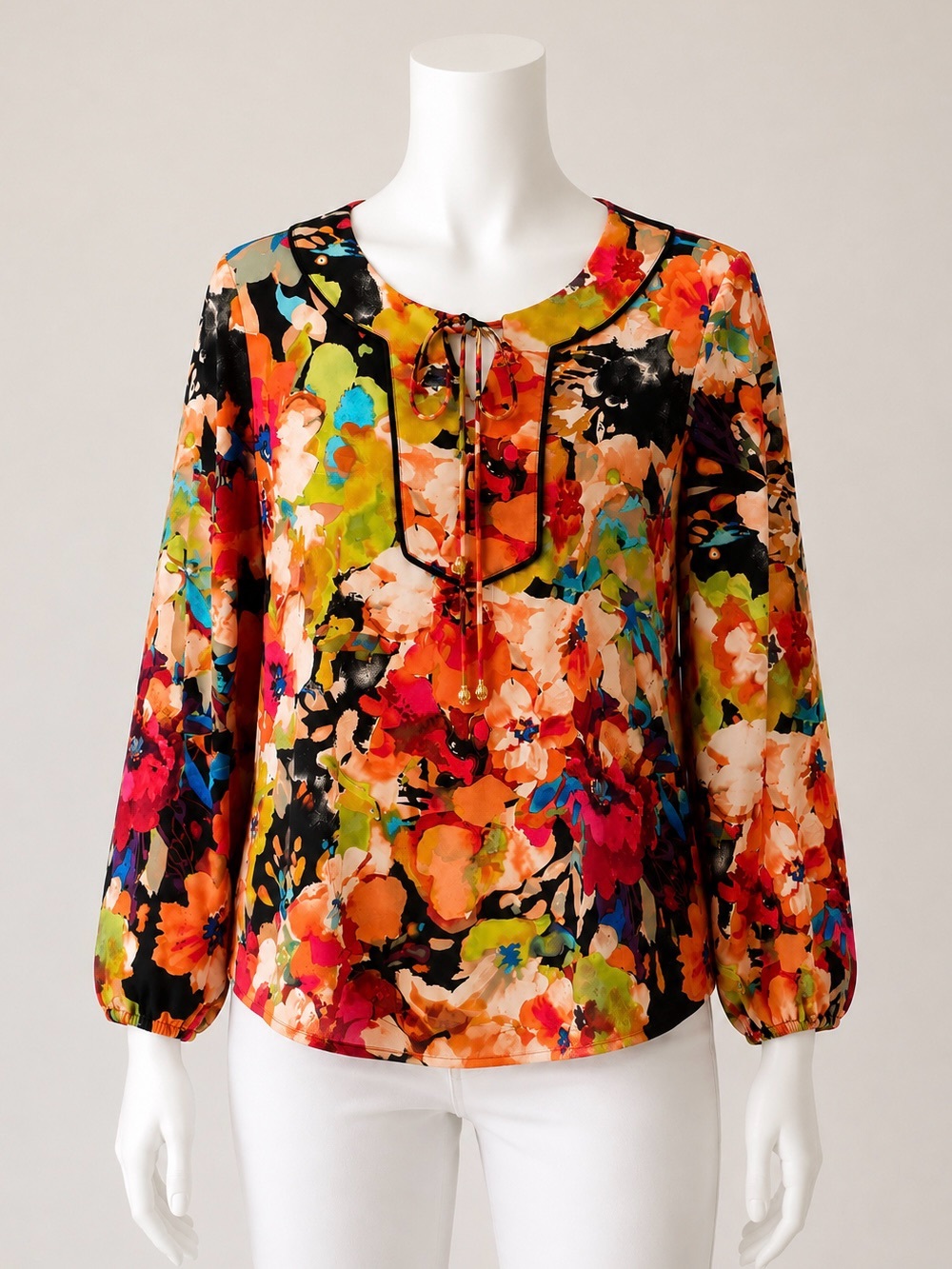 Susan Graver Women's Colorful Floral Abstract Long Sleeve Blouse Size M